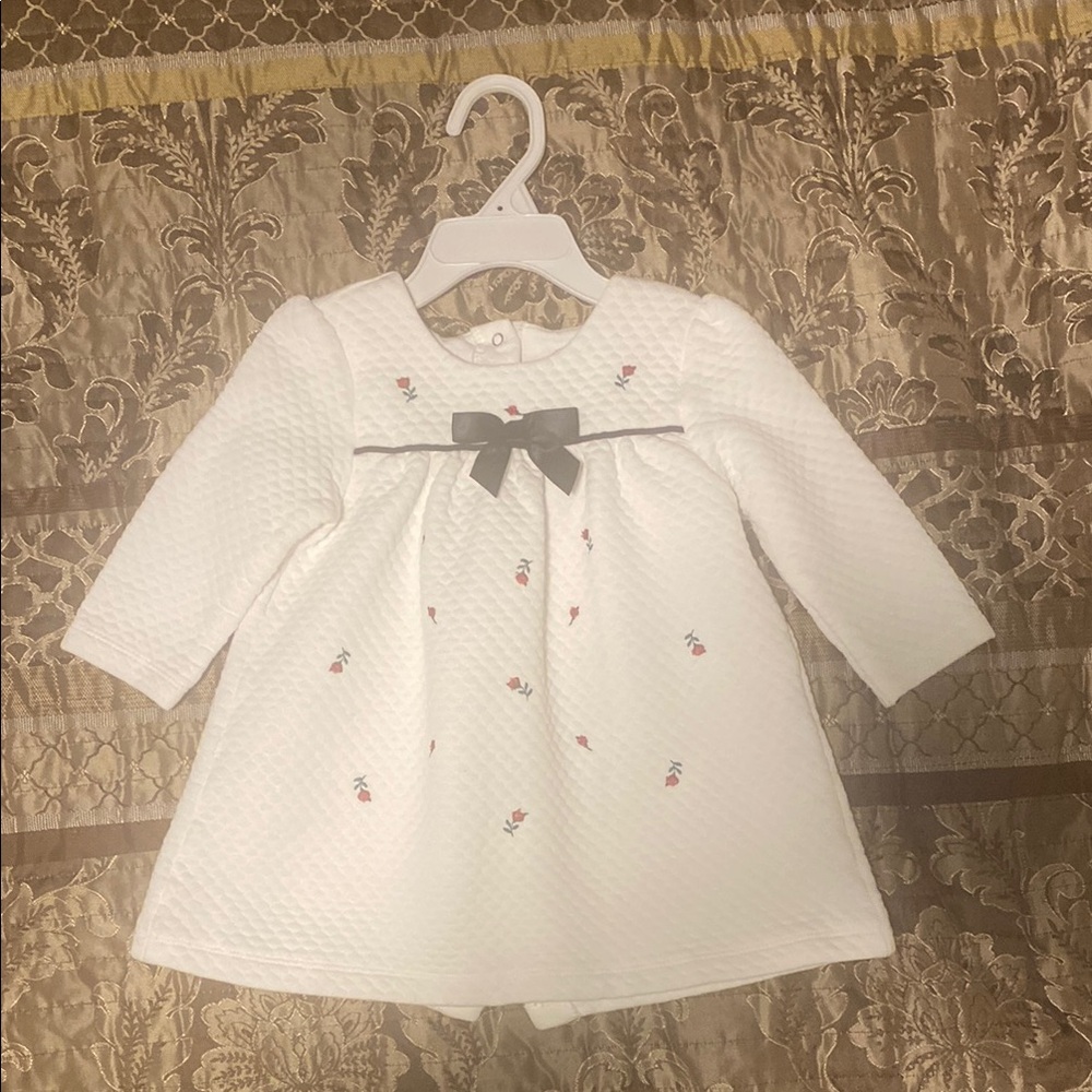 White Baby Dress with Embroidered Flowers and Bow